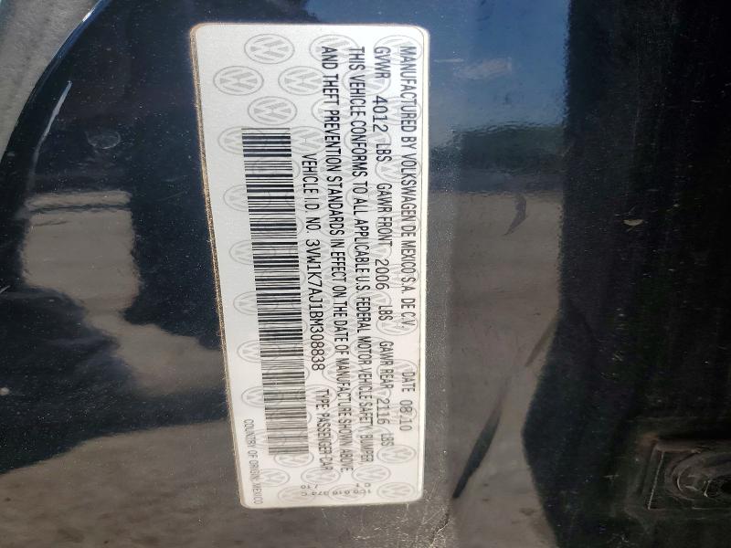 2011 Volkswagen Jetta მანქანა იყიდება აუქციონზე, vin: 3VW1K7AJ1BM308838, აუქციონის ნომერი: 62859476