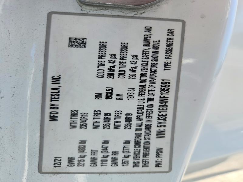 Продажа на аукционе авто 2022 Tesla Model 3, vin: 5YJ3E1EB4NF135991, номер лота: 60502966