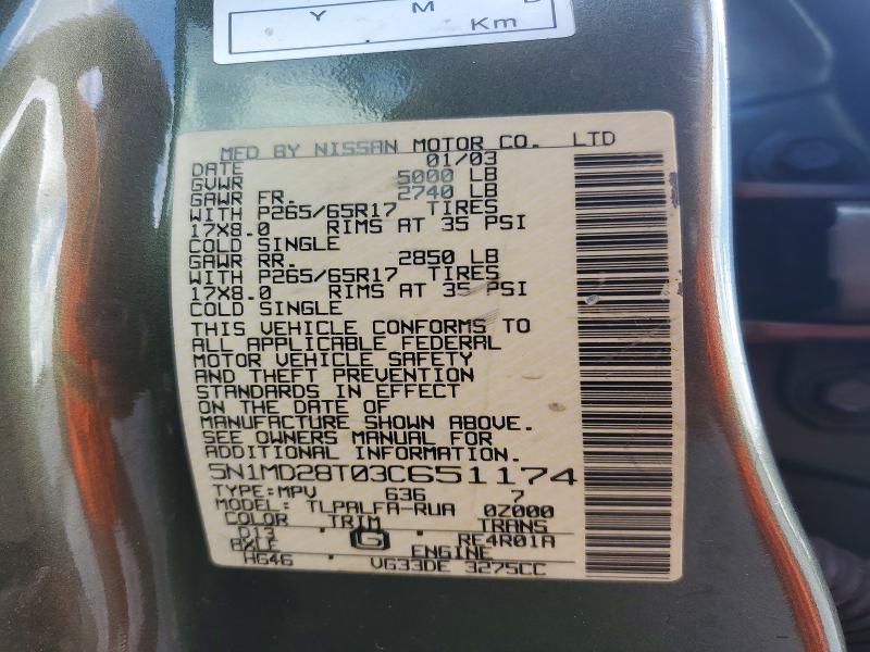 2003 Nissan Xterra მანქანა იყიდება აუქციონზე, vin: 5N1MD28T03C651174, აუქციონის ნომერი: 61020426