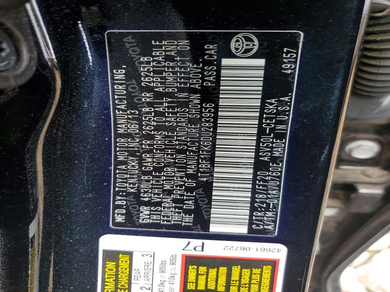 2013 Toyota Camry მანქანა იყიდება აუქციონზე, vin: 4T1BF1FK6DU283956, აუქციონის ნომერი: 62503316