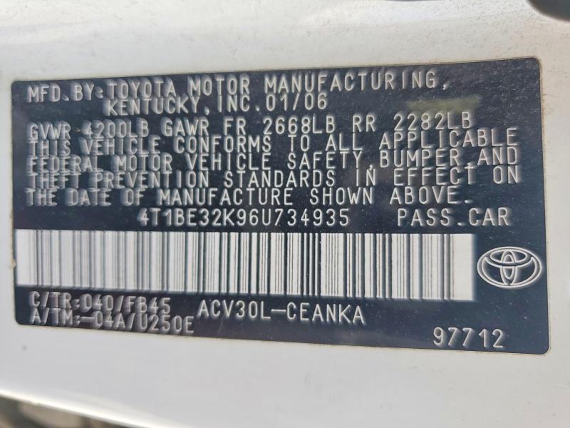 2006 Toyota Camry მანქანა იყიდება აუქციონზე, vin: 4T1BE32K96U734935, აუქციონის ნომერი: 62673786