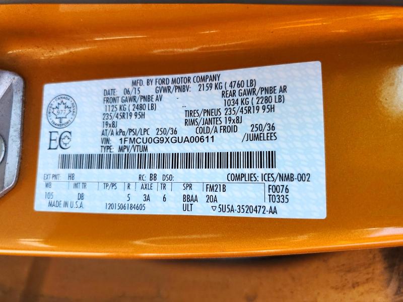Aukcja sprzedaży 2016 Ford Escape, vin: 1FMCU0G9XGUA00611, numer aukcji: 61019176