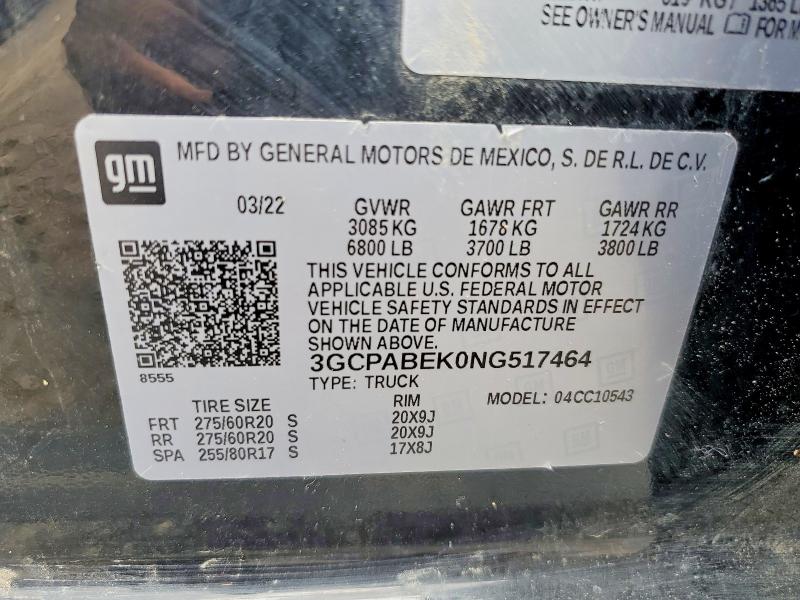Aukcja sprzedaży 2022 Chevrolet Silverado, vin: 3GCPABEK0NG517464, numer aukcji: 60420506