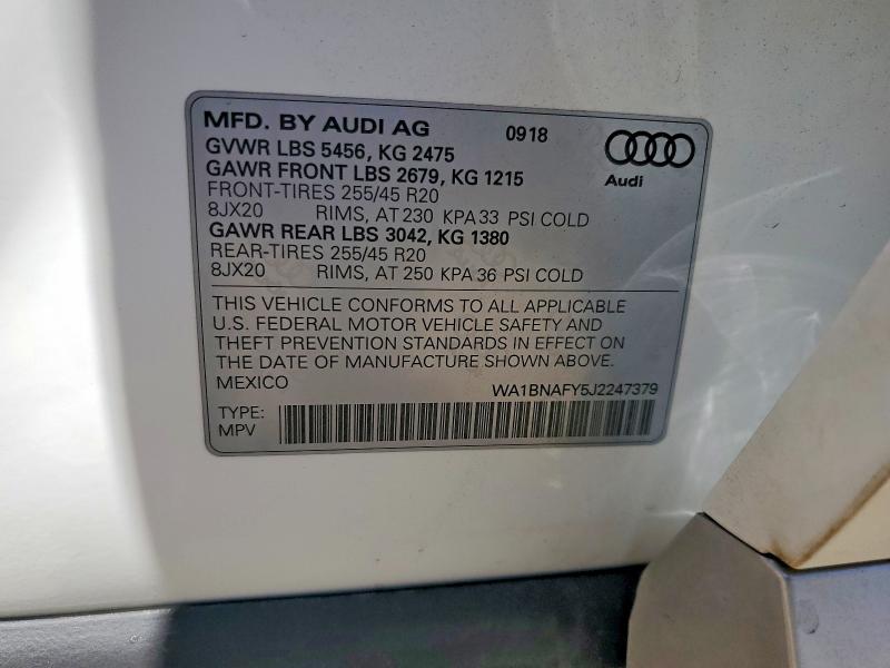 2018 Audi Q5 მანქანა იყიდება აუქციონზე, vin: WA1BNAFY5J2247379, აუქციონის ნომერი: 60659226