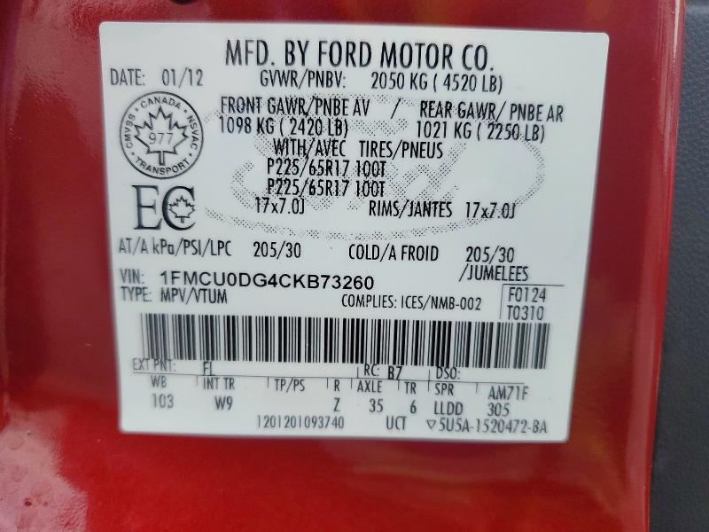 Aukcja sprzedaży 2012 Ford Escape, vin: 1FMCU0DG4CKB73260, numer aukcji: 60847966