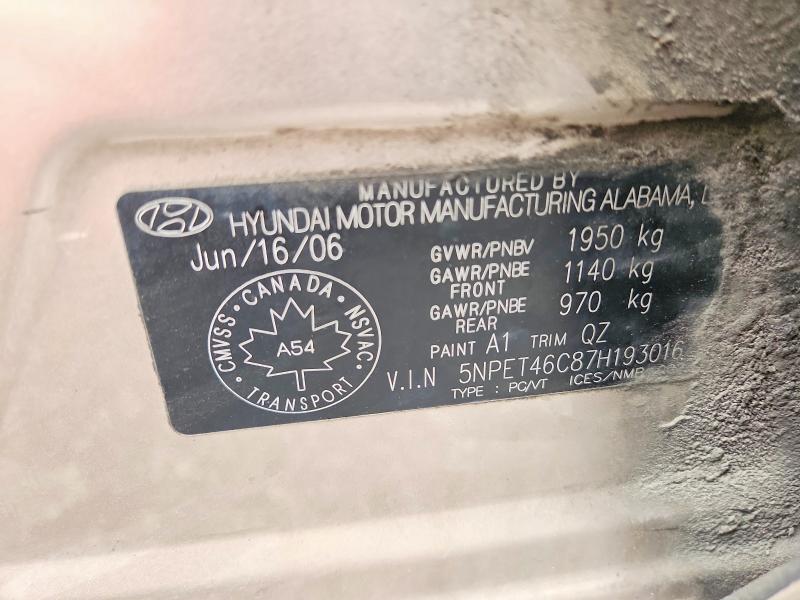 60109856 :رقم المزاد ، 5NPET46C87H193016 vin ، 2007 Hyundai Sonata مزاد بيع
