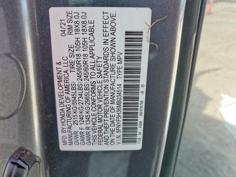 Продажа на аукционе авто 2021 Honda Pilot, vin: 5FNYF5H36MB034514, номер лота: 59267386