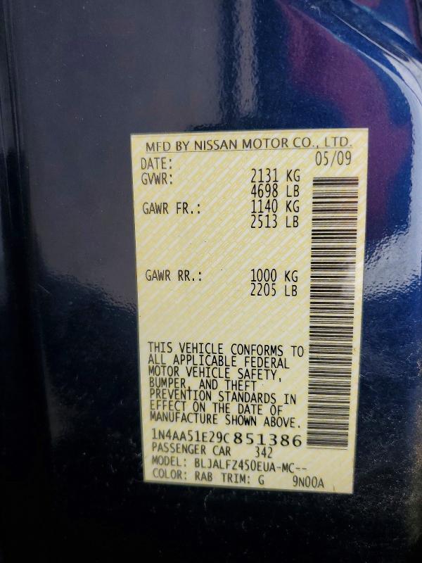 60091086 :رقم المزاد ، 1N4AA51E29C851386 vin ، 2009 Nissan Maxima مزاد بيع
