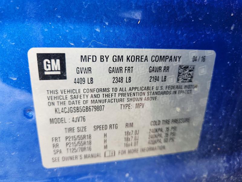 2016 Buick Encore მანქანა იყიდება აუქციონზე, vin: KL4CJGSB5GB679807, აუქციონის ნომერი: 61176166
