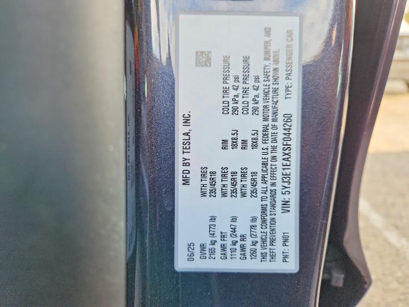 Aukcja sprzedaży 2025 Tesla Model 3, vin: 5YJ3E1EAXSF044260, numer aukcji: 58834896