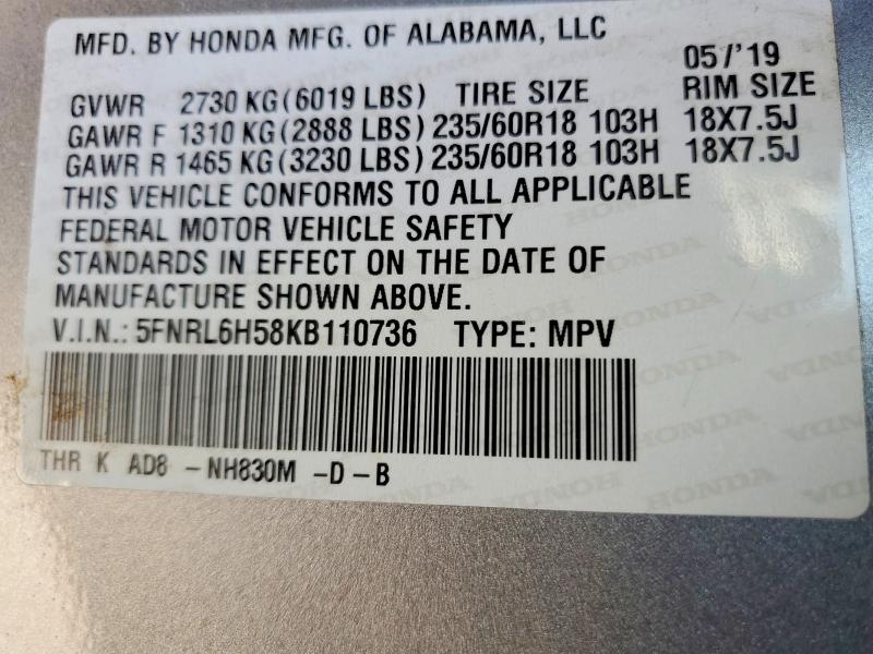 2019 Honda Odyssey მანქანა იყიდება აუქციონზე, vin: 5FNRL6H58KB110736, აუქციონის ნომერი: 62829726