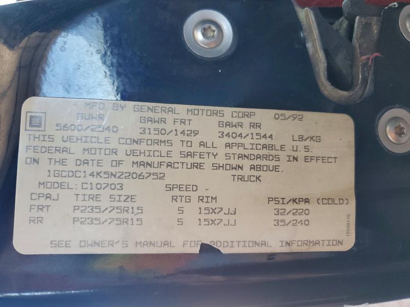1992 Chevrolet Gmt-400 მანქანა იყიდება აუქციონზე, vin: 1GCDC14K5NZ206752, აუქციონის ნომერი: 85971825