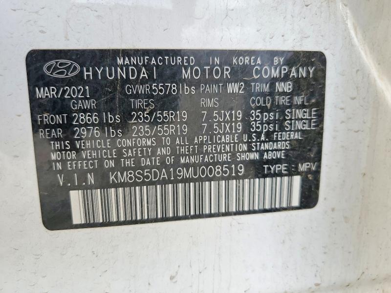 2021 Hyundai Santa Fe მანქანა იყიდება აუქციონზე, vin: KM8S5DA19MU008519, აუქციონის ნომერი: 61975516