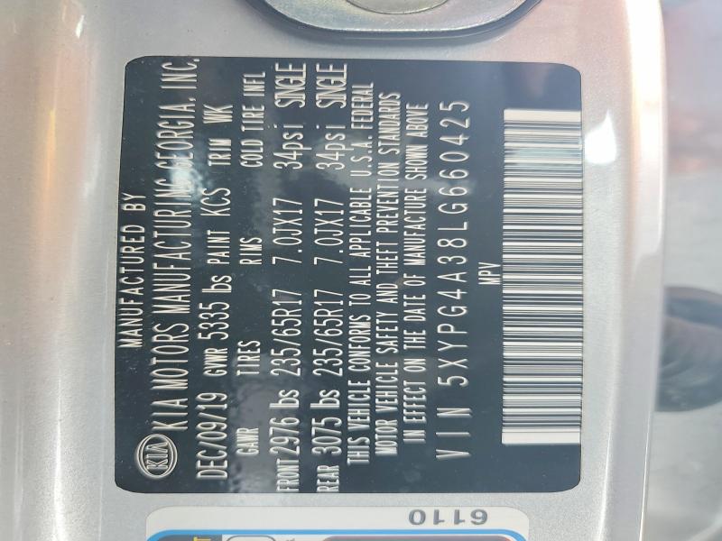 85791375 :رقم المزاد ، 5XYPG4A38LG660425 vin ، 2020 Kia Sorento مزاد بيع