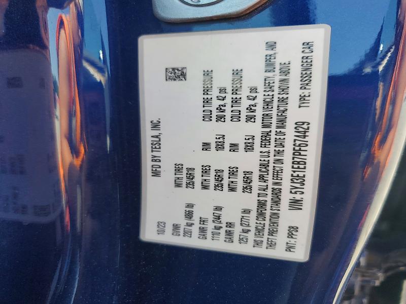 Продаж на аукціоні авто 2023 Tesla Model 3, vin: 5YJ3E1EB7PF674429, номер лоту: 74515565