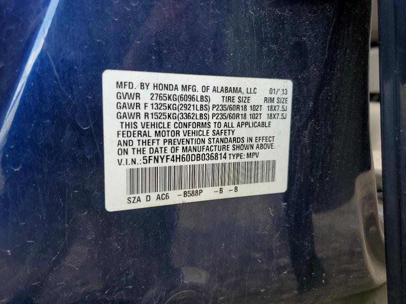 Aukcja sprzedaży 2013 Honda Pilot, vin: 5FNYF4H60DB036814, numer aukcji: 60658696