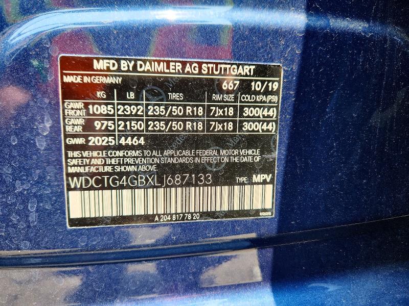 Aukcja sprzedaży 2020 Mercedes-benz Gla, vin: WDCTG4GBXLJ687133, numer aukcji: 60688926