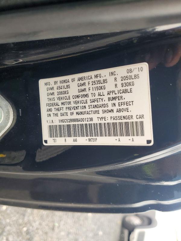 Aukcja sprzedaży 2011 Honda Accord, vin: 1HGCS2B88BA001238, numer aukcji: 62651626