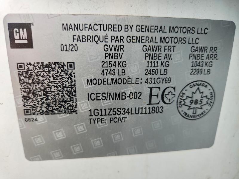 Aukcja sprzedaży 2020 Chevrolet Impala, vin: 1G11Z5S34LU111803, numer aukcji: 62797966