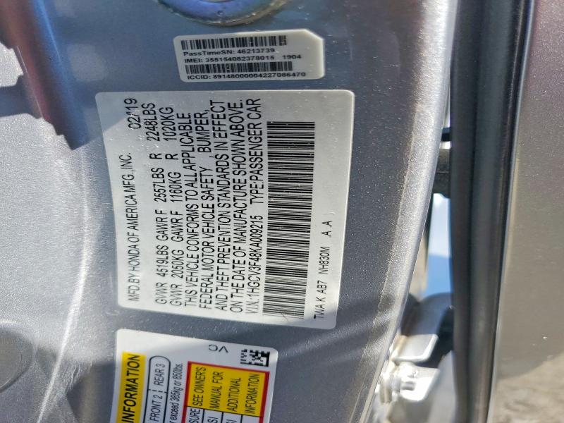 61500116 :رقم المزاد ، 1HGCV3F48KA009215 vin ، 2019 Honda Accord مزاد بيع
