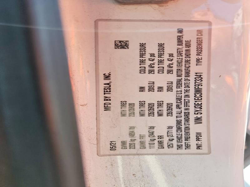59701376 :رقم المزاد ، 5YJ3E1EC3MF973341 vin ، 2021 Tesla Model 3 مزاد بيع