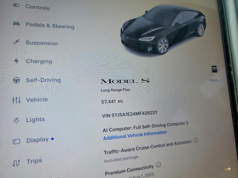 60878696 :رقم المزاد ، 5YJSA1E24MF426237 vin ، 2021 Tesla Model S مزاد بيع