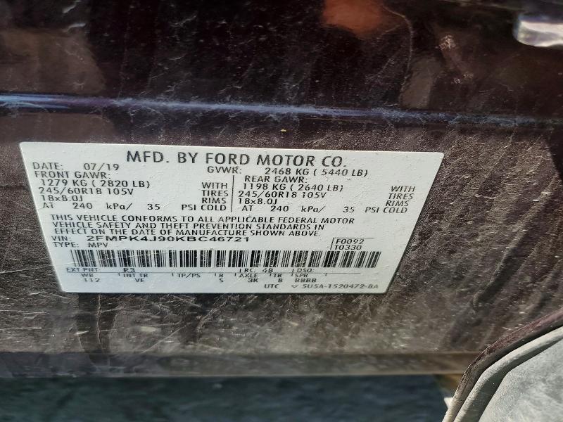 60170686 :رقم المزاد ، 2FMPK4J90KBC46721 vin ، 2019 Ford Edge مزاد بيع