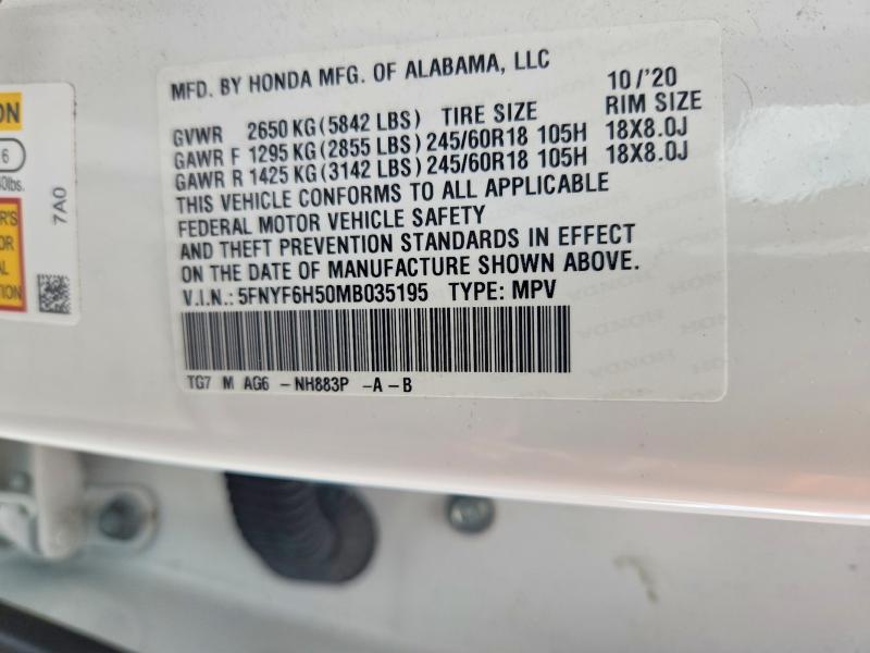 Продаж на аукціоні авто 2021 Honda Pilot, vin: 5FNYF6H50MB035195, номер лоту: 61971536