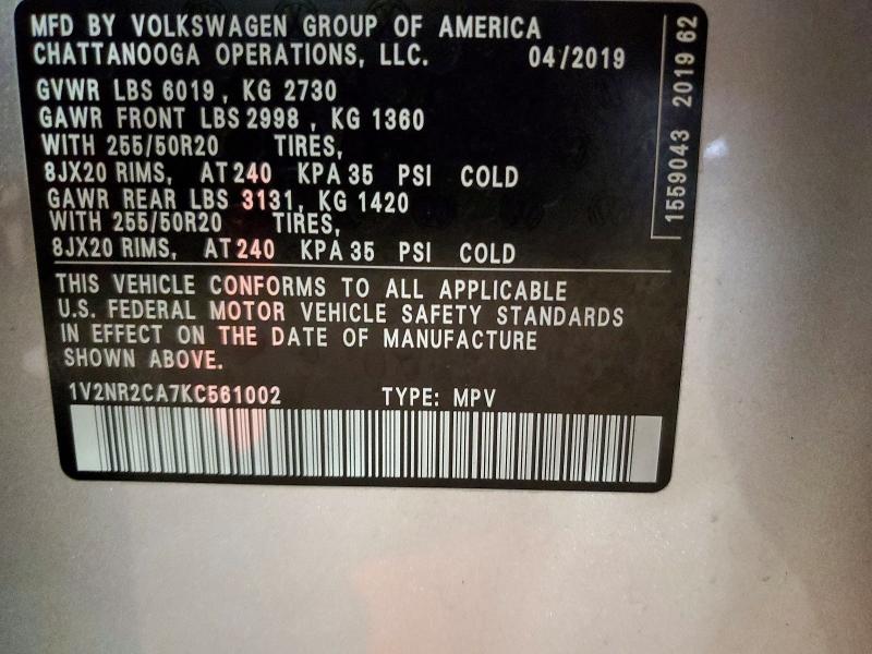 Продажа на аукционе авто 2019 Volkswagen Atlas, vin: 1V2NR2CA7KC561002, номер лота: 57896306