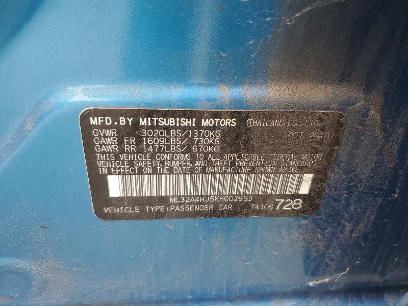 2019 Mitsubishi Mirage მანქანა იყიდება აუქციონზე, vin: ML32A4HJ5KH002893, აუქციონის ნომერი: 60416756
