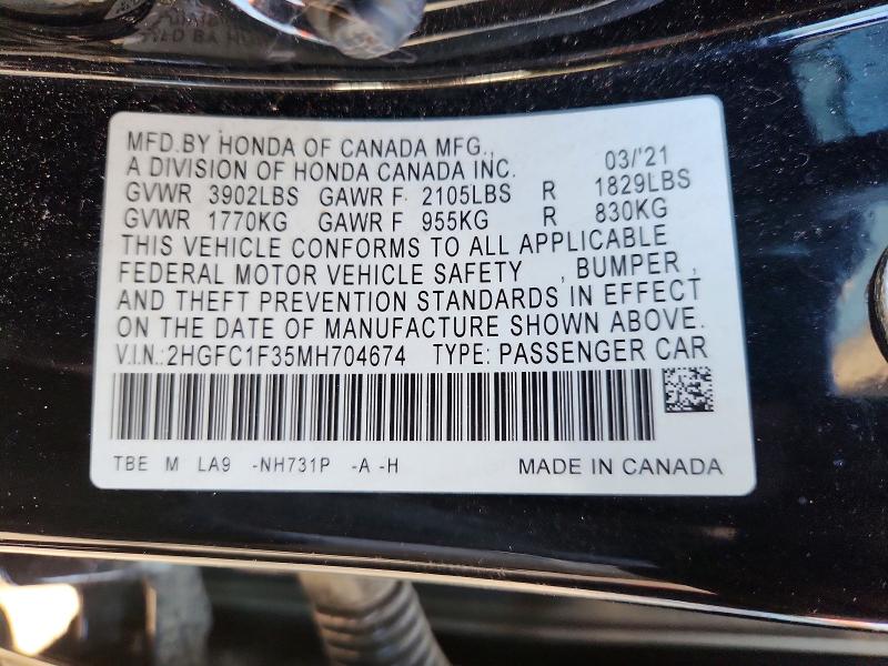 2021 Honda Civic მანქანა იყიდება აუქციონზე, vin: 2HGFC1F35MH704674, აუქციონის ნომერი: 62234176