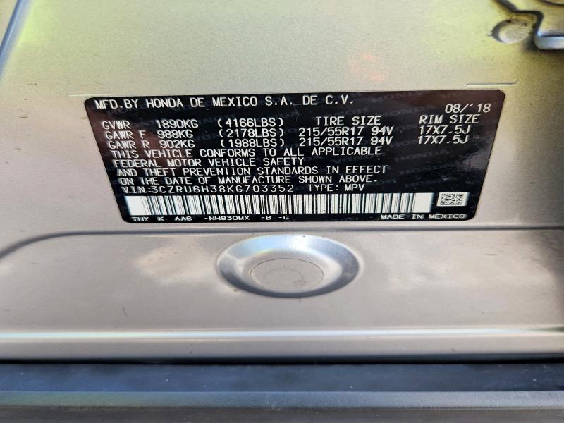 62157836 :رقم المزاد ، 3CZRU6H38KG703352 vin ، 2019 Honda Hr-v مزاد بيع