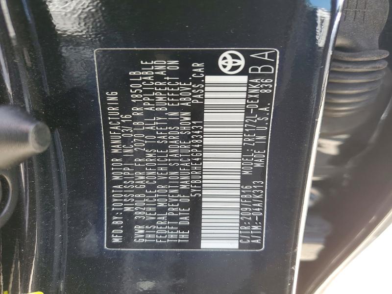 61586646 :رقم المزاد ، 5YFBURHE4GP483431 vin ، 2016 Toyota Corolla مزاد بيع