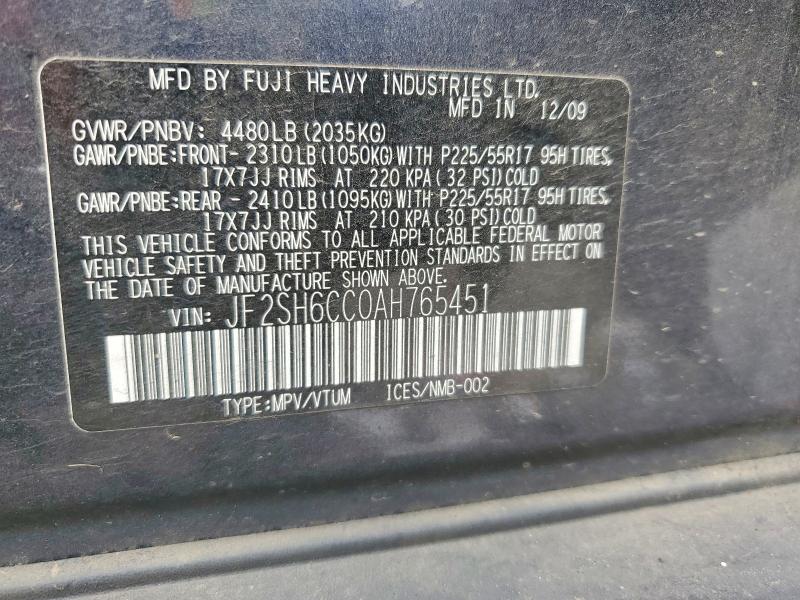 61477486 :رقم المزاد ، JF2SH6CC0AH765451 vin ، 2010 Subaru Forester مزاد بيع