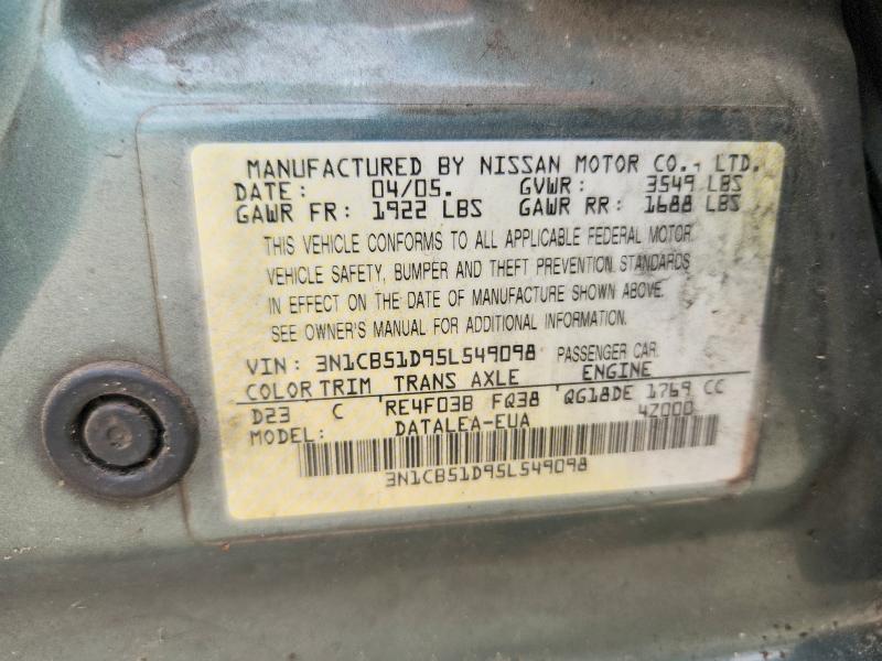 Aukcja sprzedaży 2005 Nissan Sentra, vin: 3N1CB51D95L549098, numer aukcji: 59907996