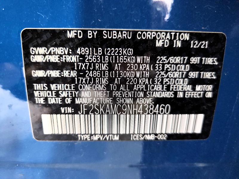 Aukcja sprzedaży 2022 Subaru Forester, vin: JF2SKAMC9NH438460, numer aukcji: 60632506