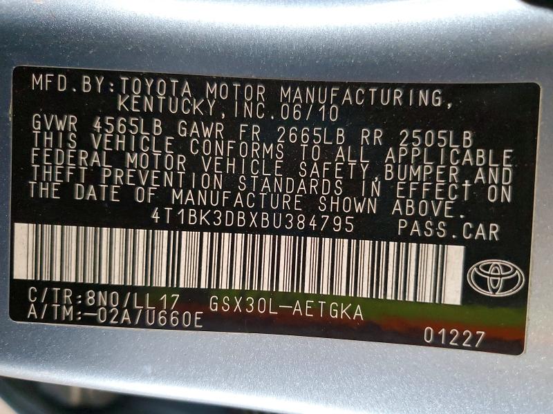 60143856 :رقم المزاد ، 4T1BK3DBXBU384795 vin ، 2011 Toyota Avalon مزاد بيع