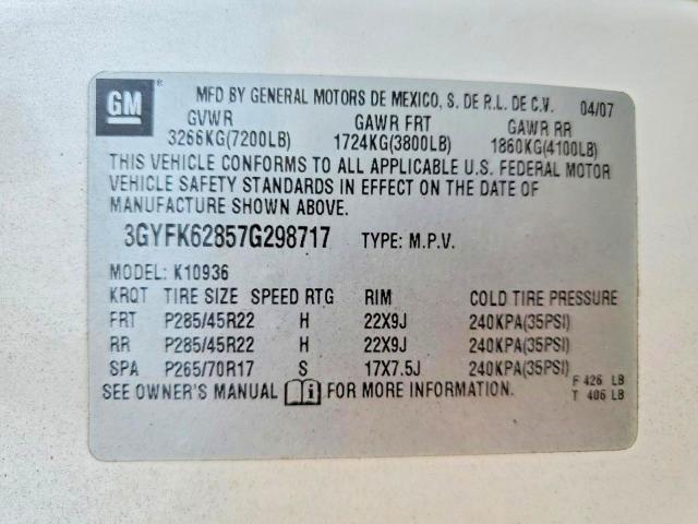 Продаж на аукціоні авто 2007 Cadillac Escalade, vin: 3GYFK62857G298717, номер лоту: 61187456