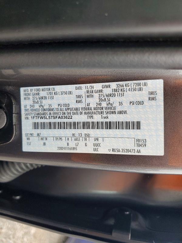 Продаж на аукціоні авто 2025 Ford F150, vin: 1FTFW5L57SFA03622, номер лоту: 60399116