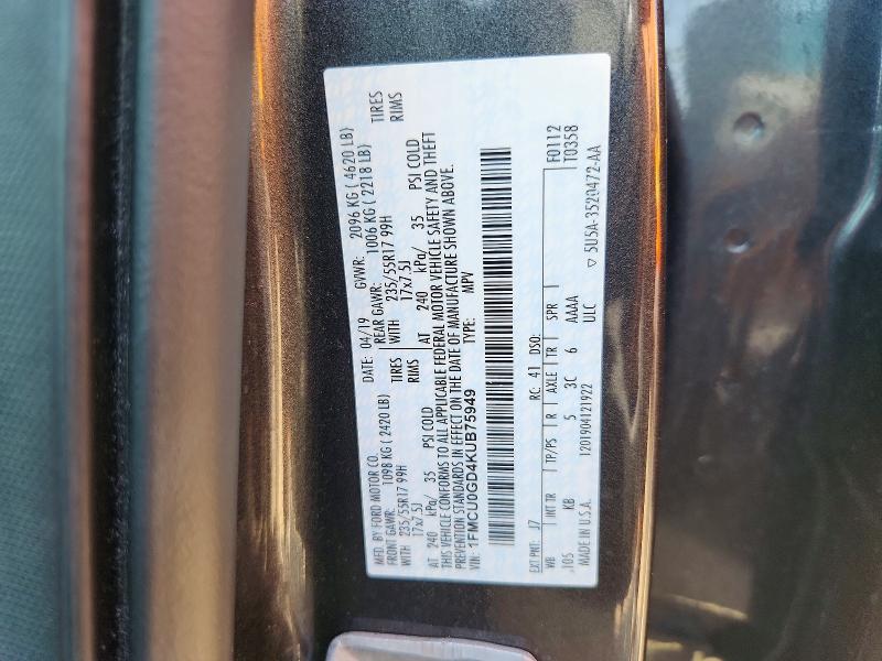 2019 Ford Escape მანქანა იყიდება აუქციონზე, vin: 1FMCU0GD4KUB75949, აუქციონის ნომერი: 60667526
