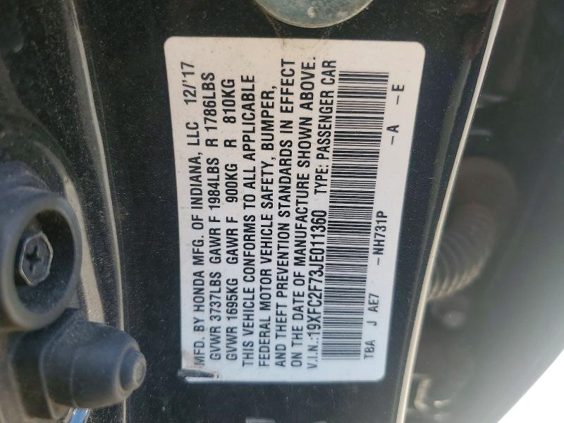 2018 Honda Civic მანქანა იყიდება აუქციონზე, vin: 19XFC2F73JE011360, აუქციონის ნომერი: 60789706