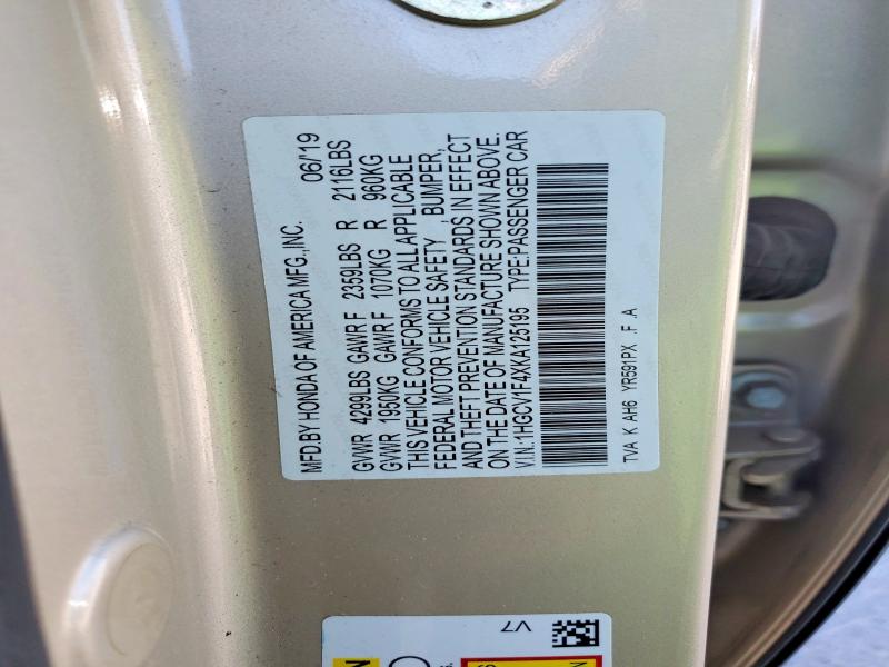 59719016 :رقم المزاد ، 1HGCV1F4XKA125195 vin ، 2019 Honda Accord مزاد بيع