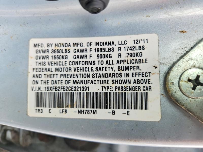 60076886 :رقم المزاد ، 19XFB2F52CE321391 vin ، 2012 Honda Civic مزاد بيع