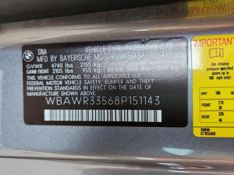 Aukcja sprzedaży 2008 Bmw 328, vin: WBAWR33568P151143, numer aukcji: 59823836