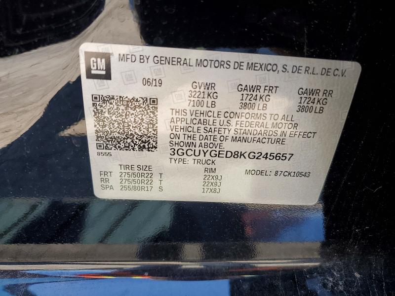 Aukcja sprzedaży 2019 Chevrolet Silverado, vin: 3GCUYGED8KG245657, numer aukcji: 62973756