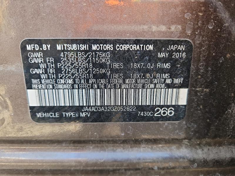 2016 Mitsubishi Outlander მანქანა იყიდება აუქციონზე, vin: JA4AD3A32GZ052622, აუქციონის ნომერი: 62286706