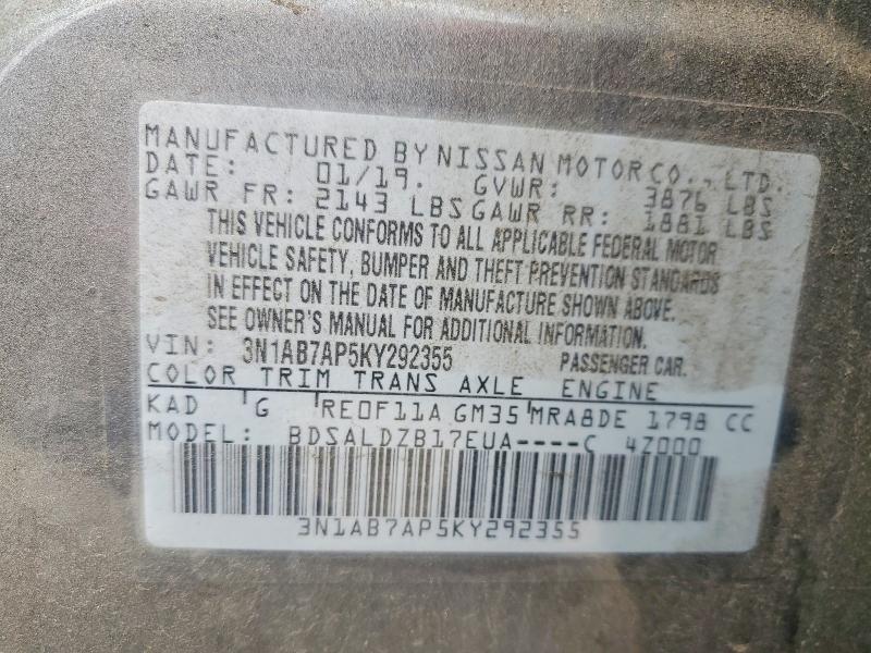2019 Nissan Sentra მანქანა იყიდება აუქციონზე, vin: 3N1AB7AP5KY292355, აუქციონის ნომერი: 60197446