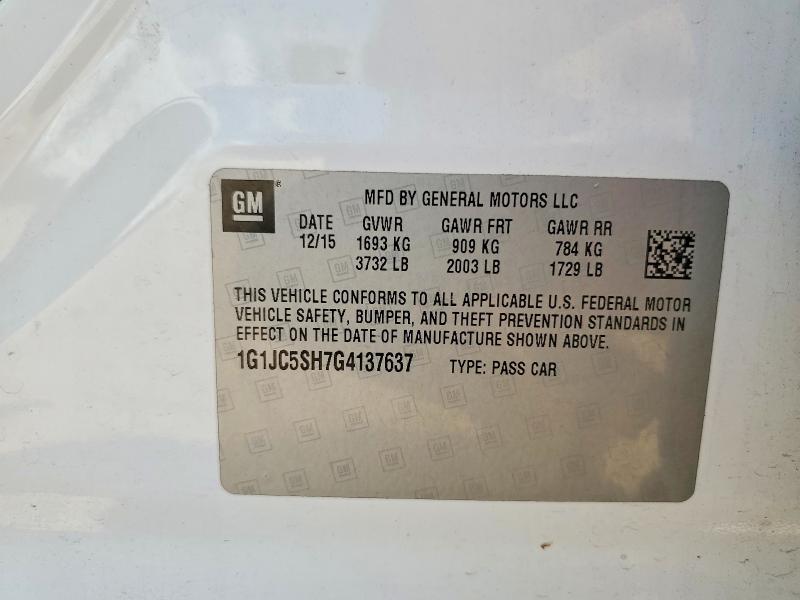 2016 Chevrolet Sonic მანქანა იყიდება აუქციონზე, vin: 1G1JC5SH7G4137637, აუქციონის ნომერი: 60297356