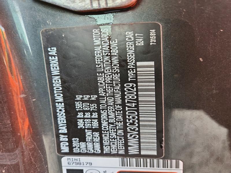 2013 Mini Cooper მანქანა იყიდება აუქციონზე, vin: WMWSV3C55DT478029, აუქციონის ნომერი: 61185646