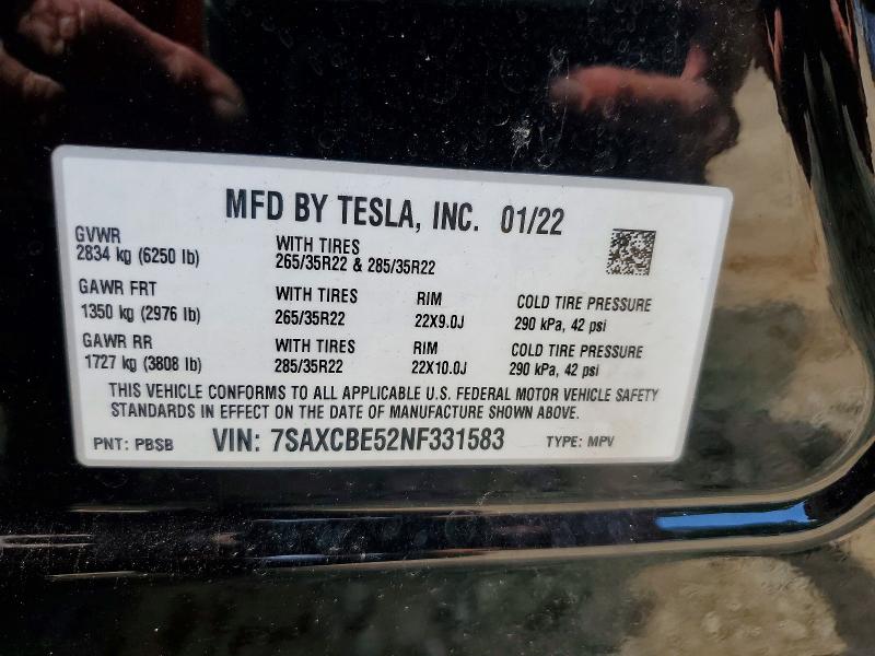 Aukcja sprzedaży 2022 Tesla Model X, vin: 7SAXCBE52NF331583, numer aukcji: 59815486